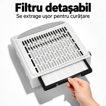 Extragerea filtrului detașabil din aspiratorul alb de manichiură BQ 858-10.
