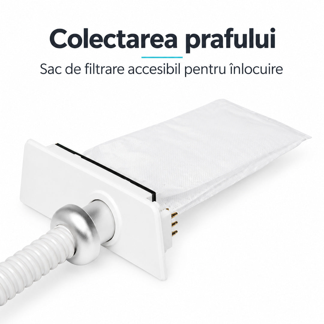	Compartimentul de colectare al frezei Saeyang Cyclone-Vac, extras pentru prezentarea sacului de filtrare.