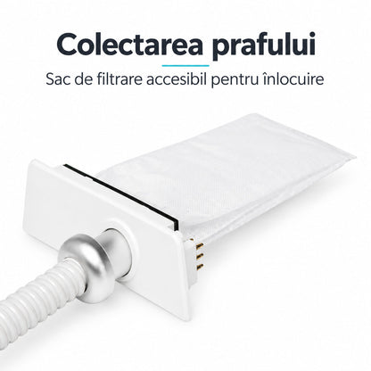 	Compartimentul de colectare al frezei Saeyang Cyclone-Vac, extras pentru prezentarea sacului de filtrare.