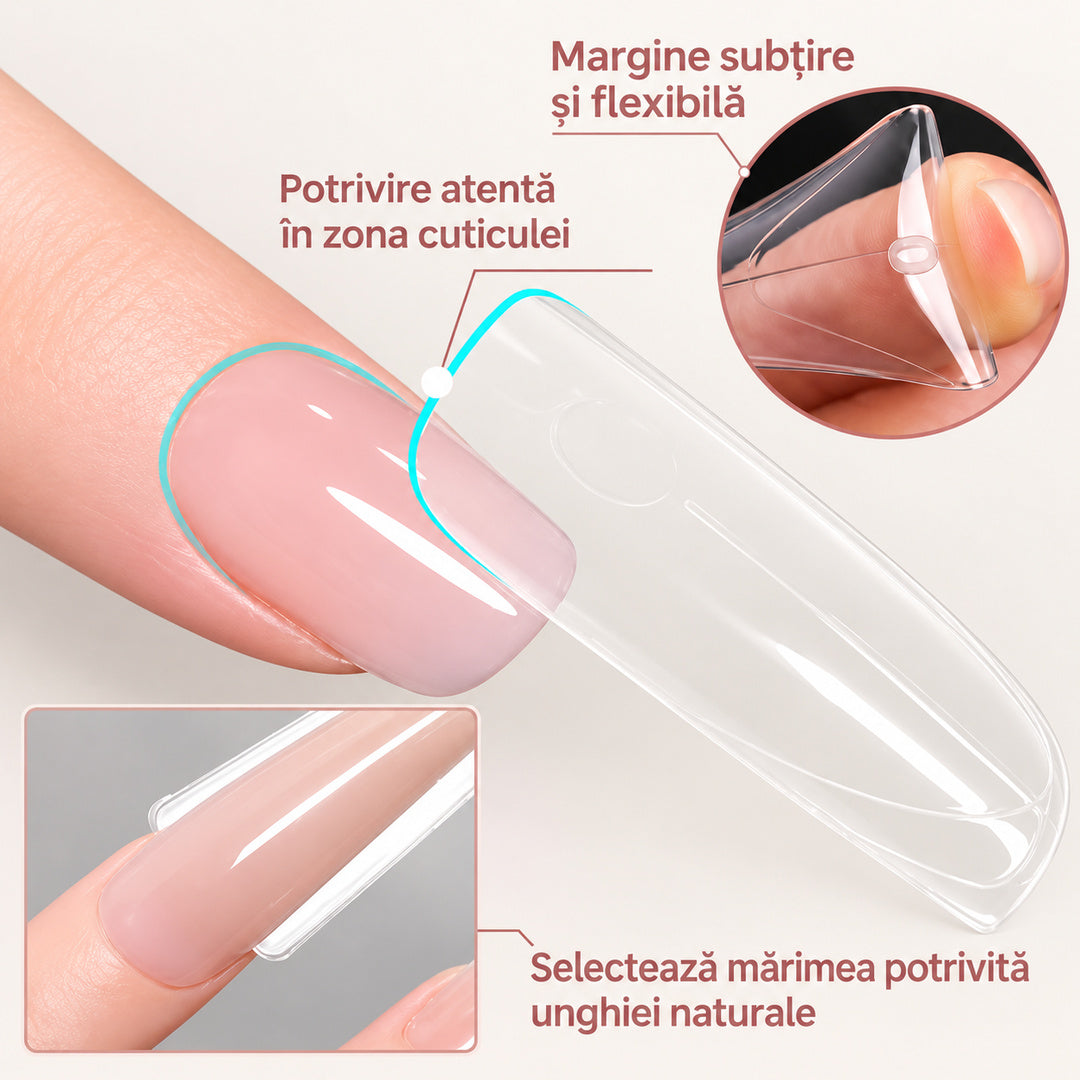 Poziționarea unei forme transparente Sandwich Dual Forms #38 și alegerea mărimii potrivite unghiei naturale.