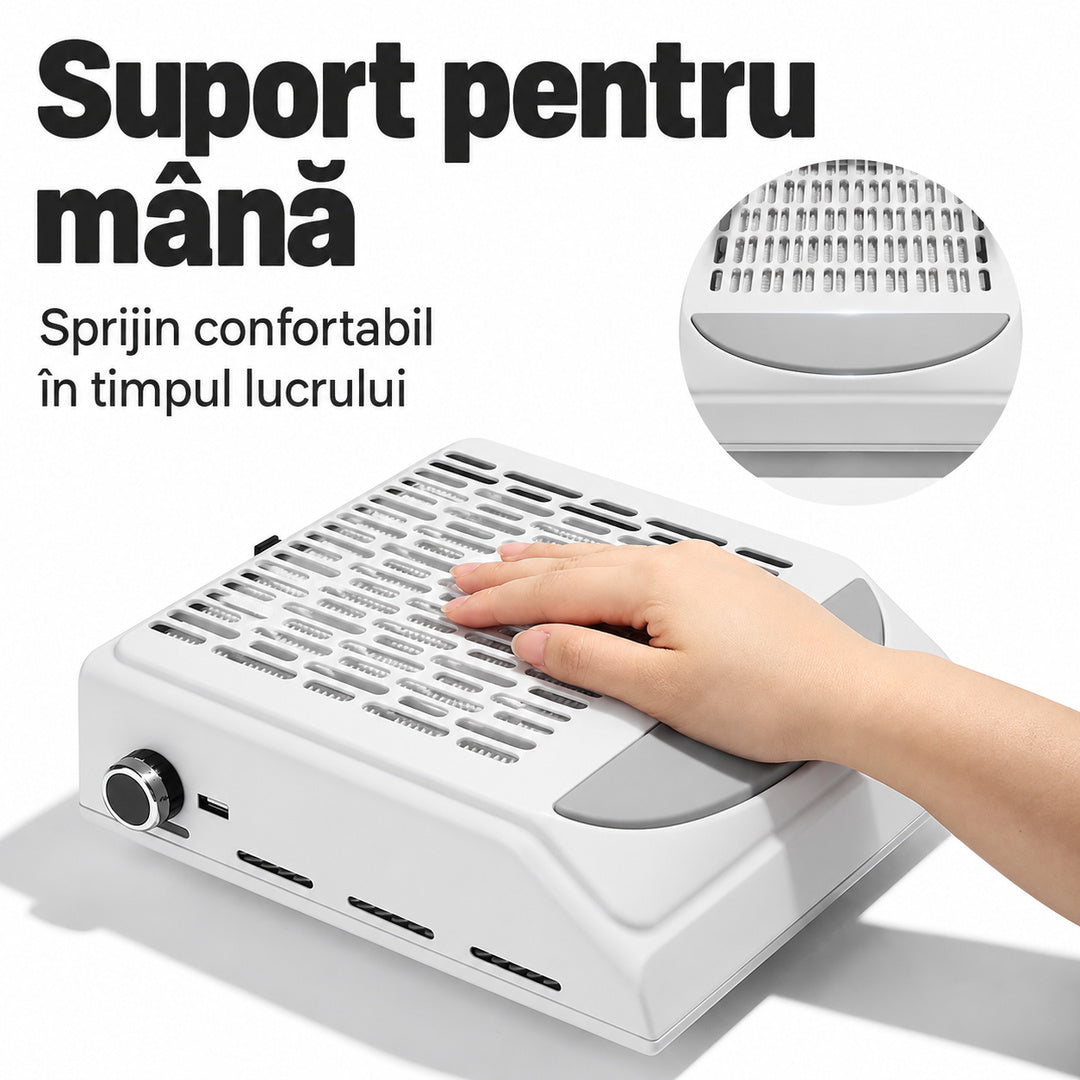 Mână sprijinită pe suportul gri integrat al aspiratorului de manichiură BQ 858-10.