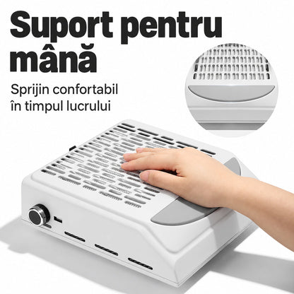 Mână sprijinită pe suportul gri integrat al aspiratorului de manichiură BQ 858-10.