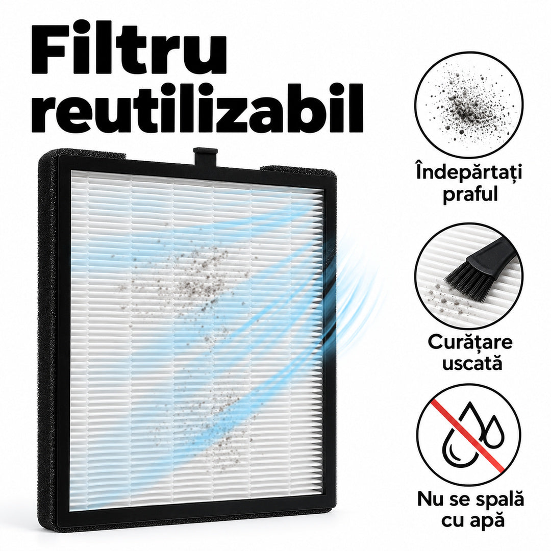 Filtrul reutilizabil al aspiratorului BQ 858-10 și indicații pentru curățare uscată, fără spălare cu apă.