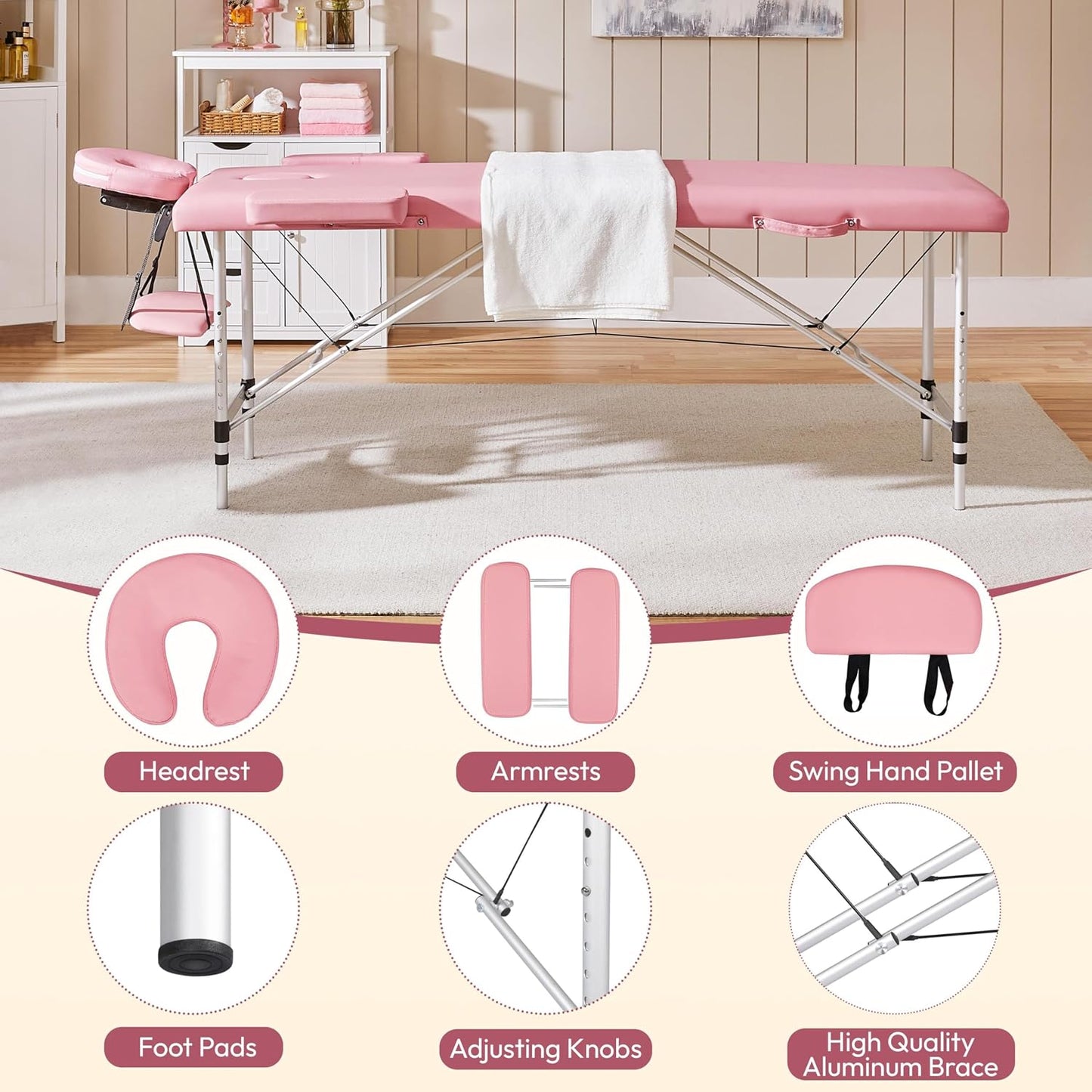 Pat Masaj Profesional Pliabil din Aluminiu | Roz | Masa Cosmetica cu Accesorii Incluse