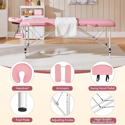 Pat Masaj Profesional Pliabil din Aluminiu | Roz | Masa Cosmetica cu Accesorii Incluse