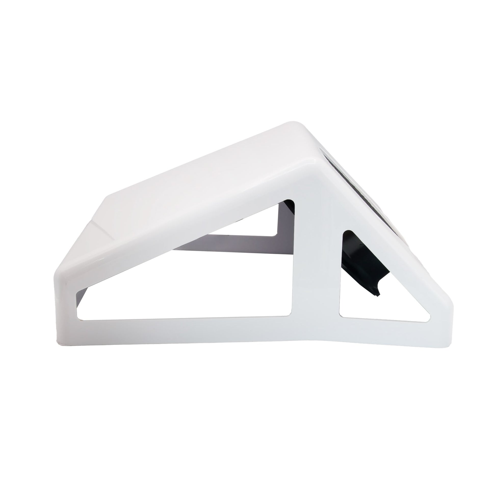 Profil lateral al aspiratorului de praf alb pentru manichiura, evidențiind forma ergonomica de masa Ideal Beauty.