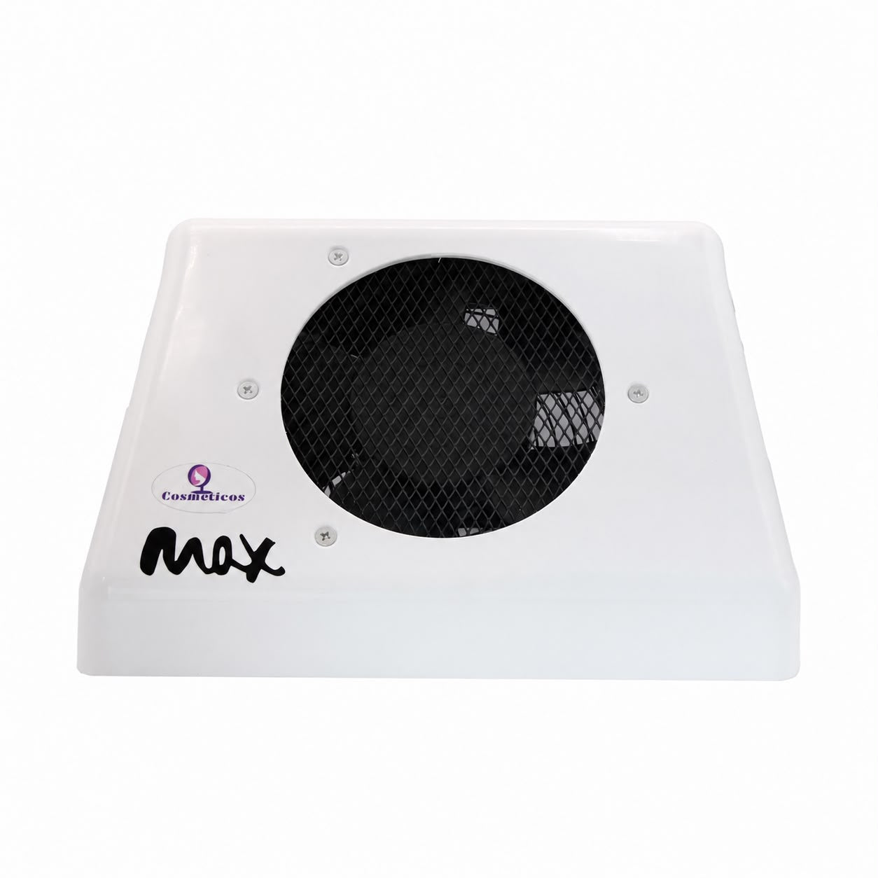 Aspirator praf manichiura profesional MAX 100W alb cu grila metalica neagra si logo Ideal Beauty.