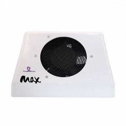 Aspirator praf manichiura profesional MAX 100W alb cu grila metalica neagra si logo Ideal Beauty.