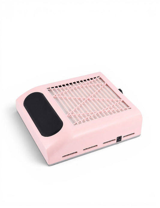 Aspirator praf unghii vacuum de 80W roz, prevazut cu grilaj de protectie si suport integrat pentru mana.