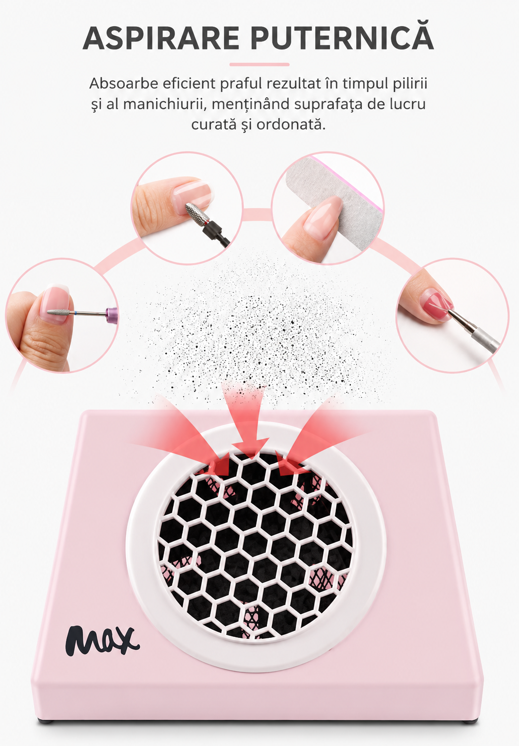 Demonstratie de absorbtie si aspirare puternica a prafului rezultat in timpul pilirii unghiilor tehnice cu gel sau acril Ideal Beauty.
