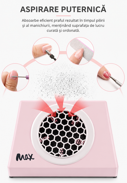 Demonstratie de absorbtie si aspirare puternica a prafului rezultat in timpul pilirii unghiilor tehnice cu gel sau acril Ideal Beauty.
