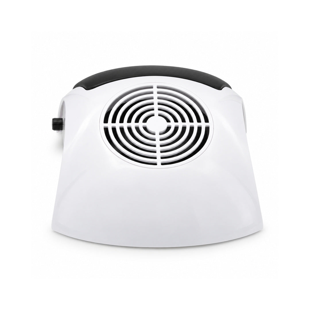 Vedere frontală a aspiratorului de praf pentru manichiură BQ-607, 80W, cu carcasă albă arcuită, grilă circulară cu inele concentrice și suport negru pentru sprijinirea mâinii.
