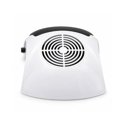 Vedere frontală a aspiratorului de praf pentru manichiură BQ-607, 80W, cu carcasă albă arcuită, grilă circulară cu inele concentrice și suport negru pentru sprijinirea mâinii.