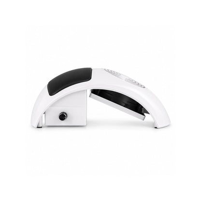 Aspirator de praf pentru unghii BQ-607, vedere laterală cu profil arcuit, carcasă albă, suport negru pentru mână, ventilator montat sub grilă și buton rotativ lateral pentru reglarea vitezei de aspirare.