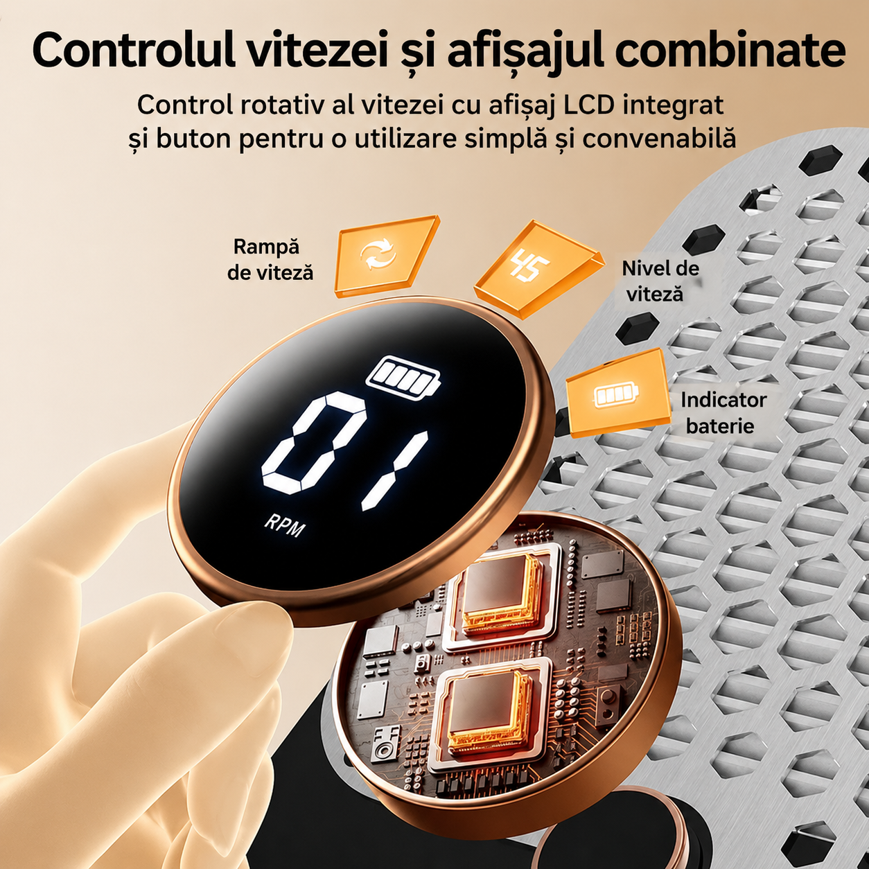 Panou de comanda digital cu afisaj LED si buton rotativ pentru reglarea treptelor de viteza.