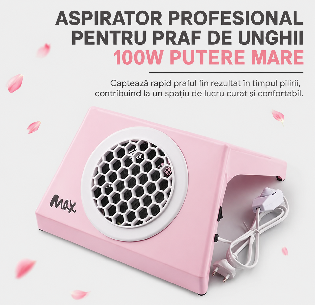 Prezentare aspirator profesional pentru praf de unghii de 100W cu putere mare de colectare si cadru ergonomic roz Ideal Beauty.