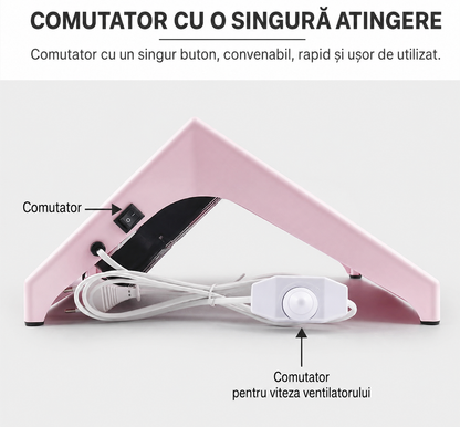 Detaliu lateral al aspiratorului de unghii roz, cu comutator pornire, potentiometru pe cablu pentru reglarea vitezei si sursa de alimentare Ideal Beauty.