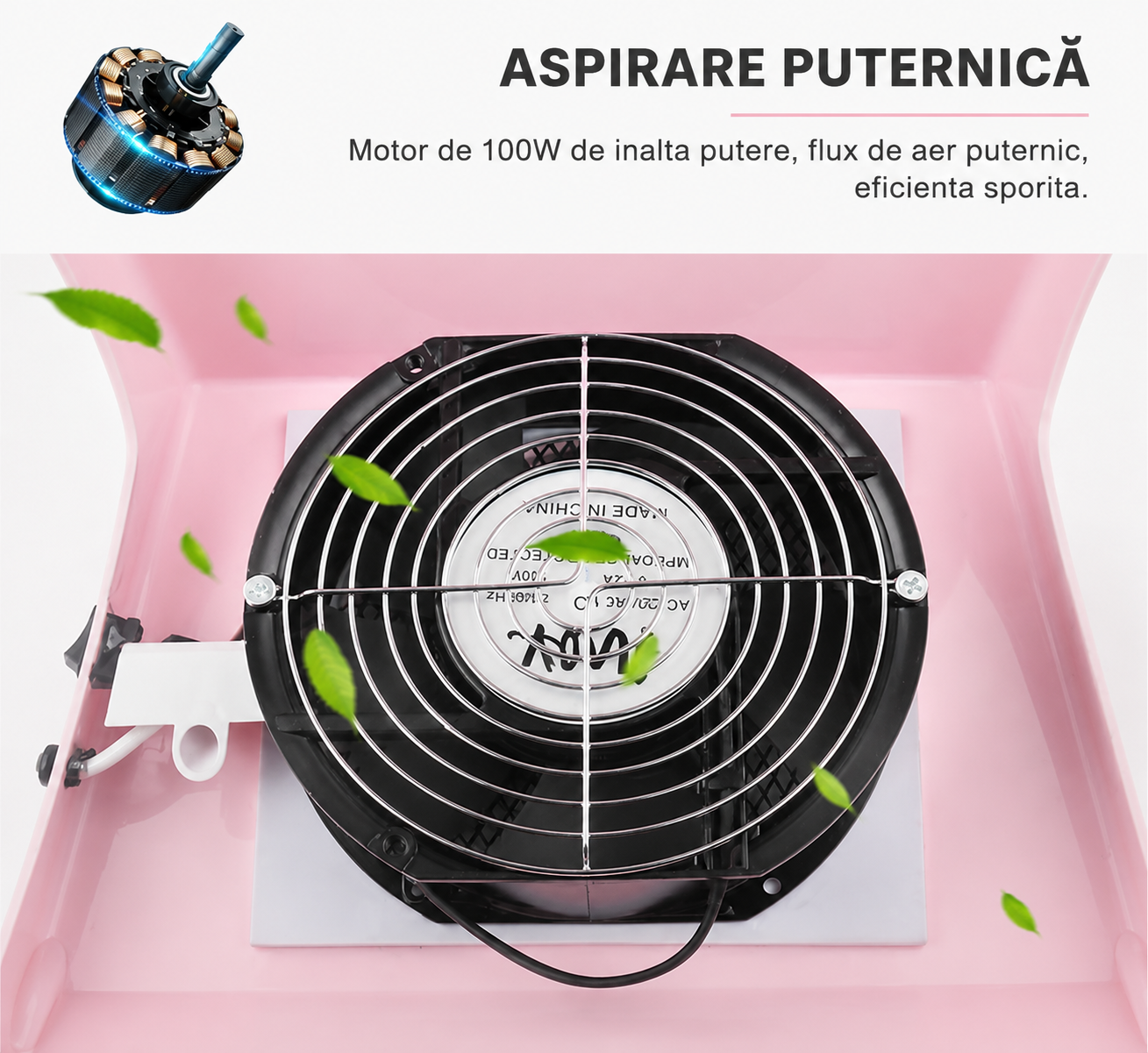 Vedere posterioara a aspiratorului de praf roz, evidentiind elicea si ventilatorul masiv de 100W pentru absorbtie rapida si eficienta Ideal Beauty.