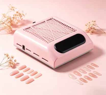 Colector de praf roz pentru manichiura de 80W prezentat alaturi de modele de unghii si tipsuri.