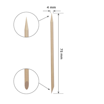 Schemă cu dimensiunile bețișorului din lemn de portocal STALEKS EXPERT DOS-20/100, lungime 75 mm, și detalii mărite ale capetelor teșit și ascuțit.