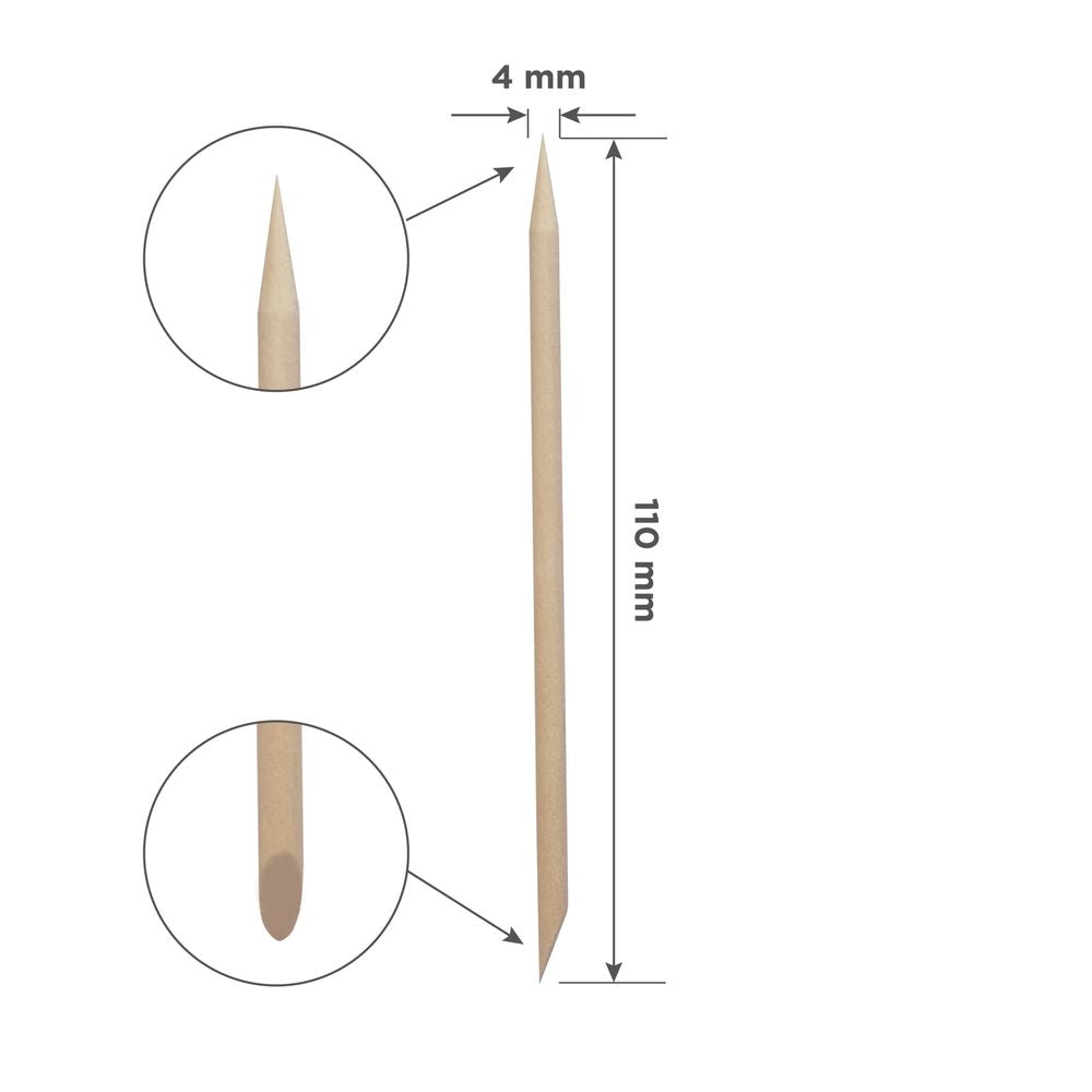 Schema dimensiunilor bețișorului din lemn STALEKS EXPERT DOS-30/100, cu lungimea de 110 mm și detalii ale celor două capete