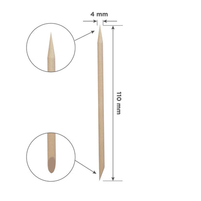 Schema dimensiunilor bețișorului din lemn STALEKS EXPERT DOS-30/100, cu lungimea de 110 mm și detalii ale celor două capete