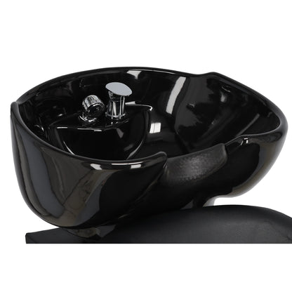 Detaliu din interiorul bolului ceramic negru al scafei, dotat cu baterie monocomanda, scurgere si protectie pentru gât.