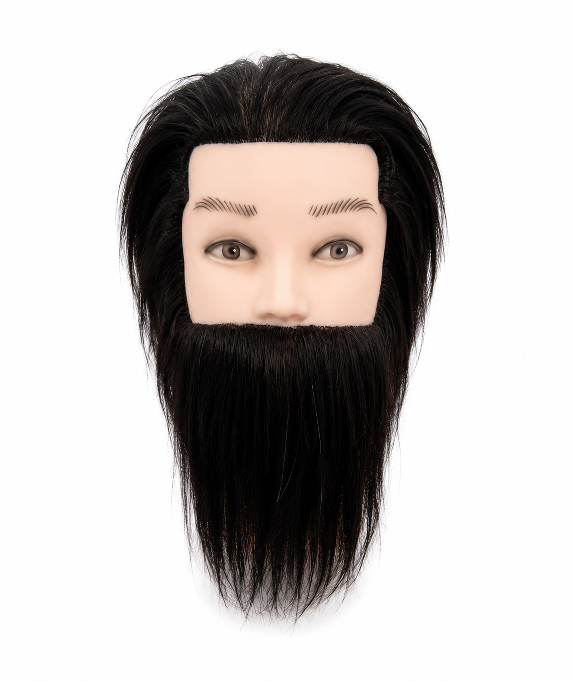 Manechin cap de practica pentru frizerie si barbering cu par si barba din par uman culoare negru, vedere frontala.