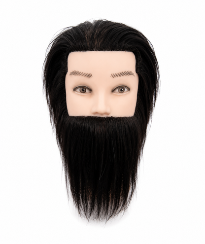 Manechin cap de practica pentru frizerie si barbering cu par si barba din par uman culoare negru, vedere frontala.