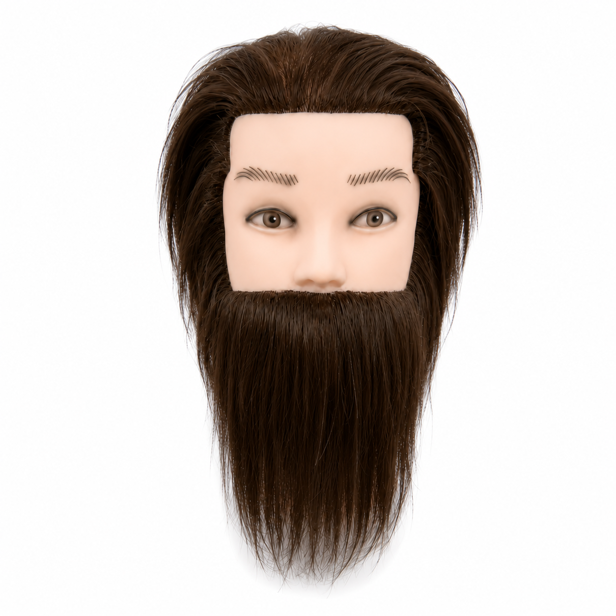 Manechin cap de practica pentru tuns si stilizat cu par uman si barba lunga culoare saten inchis.