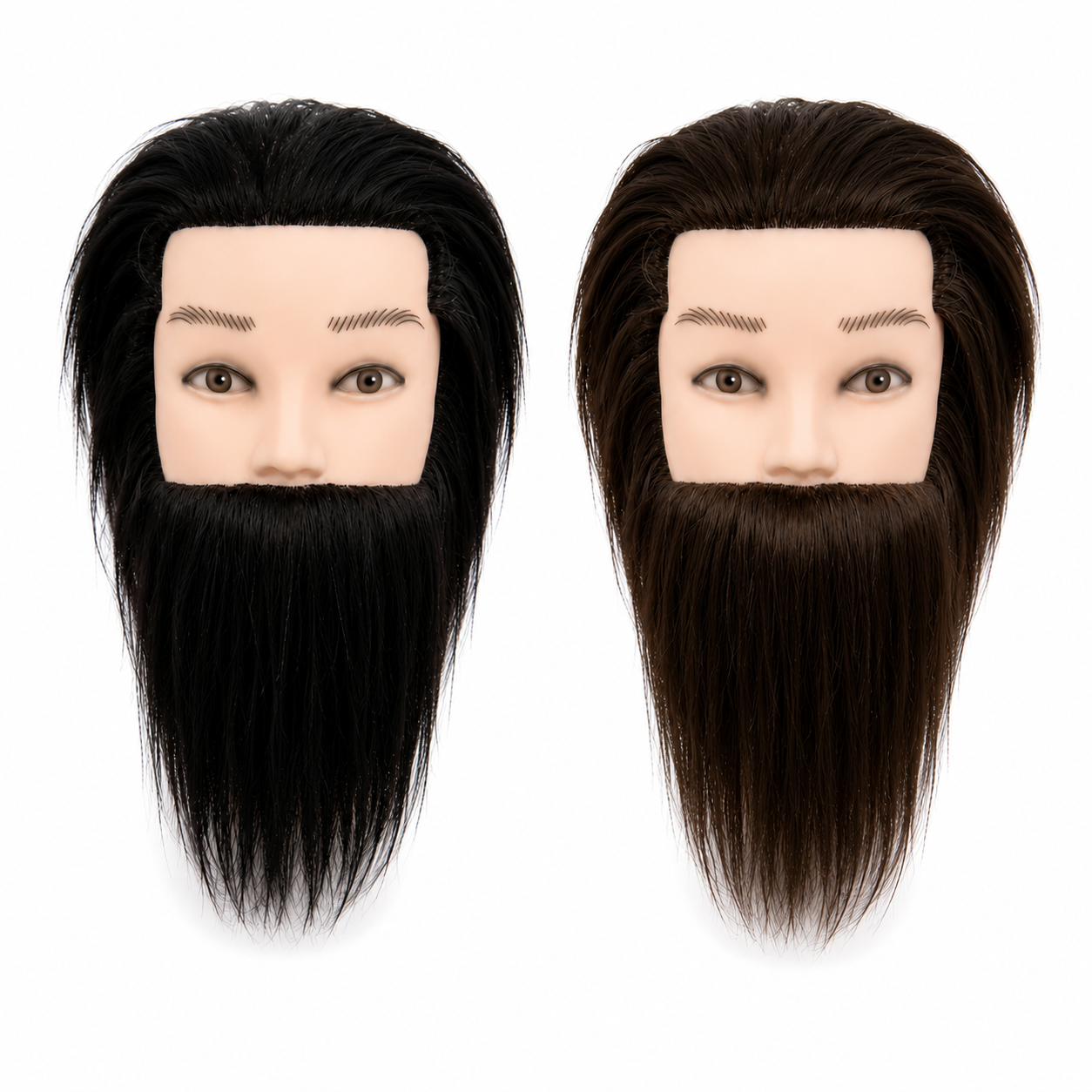 Cap de practica profesional pentru frizerie cu par uman si barba lunga, disponibil in variantele negru si saten inchis