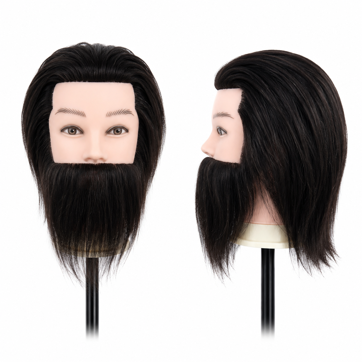 Prezentare dubla frontal si profil a manechinului de practica pentru tuns, barbierit si conturare barba.