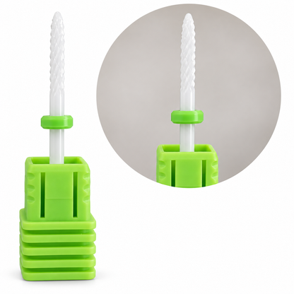 Detaliu bit ceramic Flacără Mică, cu granulație dură (C) și inel verde, pentru corectarea surplusului de material artificial în zone înguste.