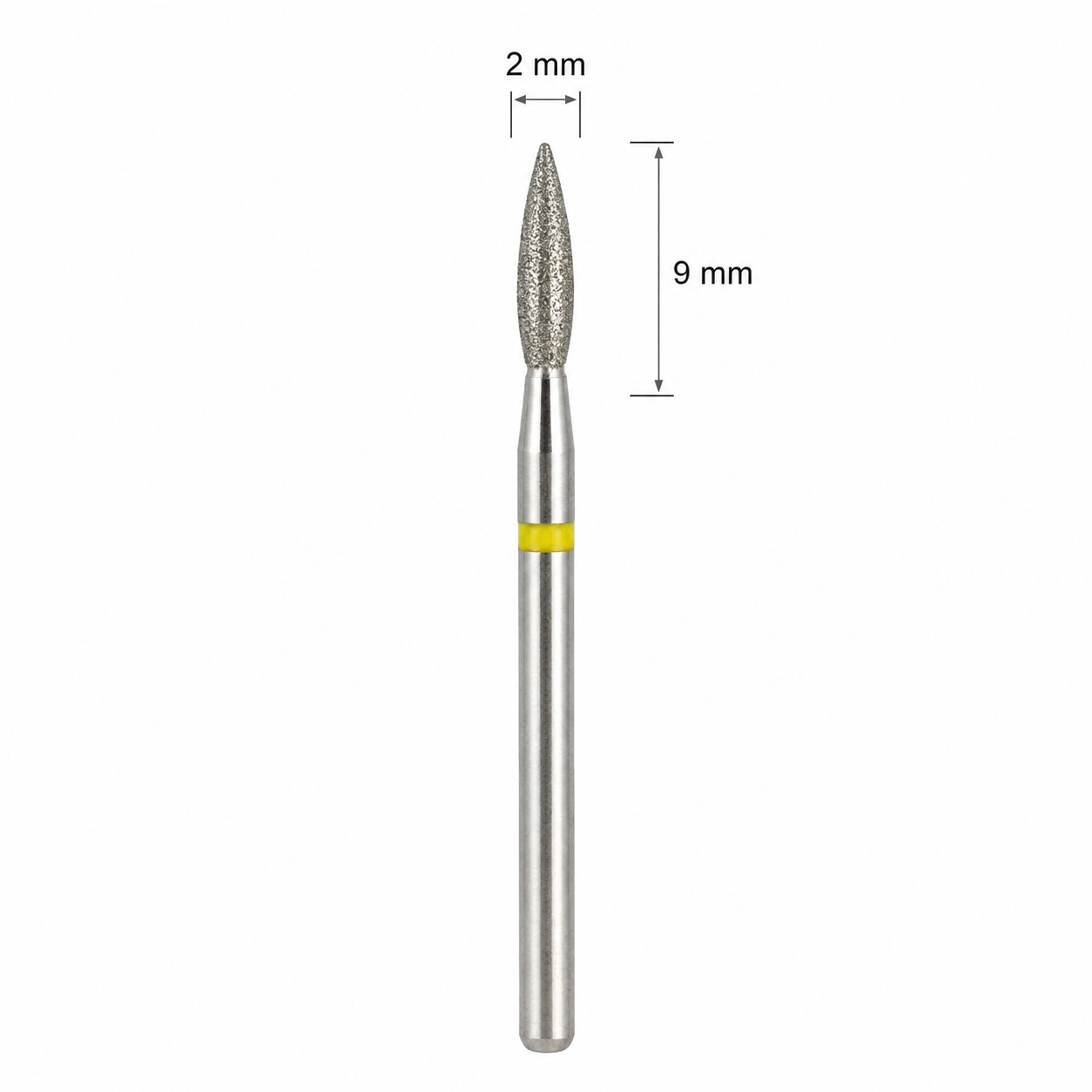 Capat Freza Diamantat Flacara Galben 2 x 9 mm – Bit Abrazivitate Foarte Fina
