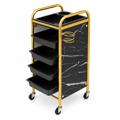 Ucenic / Carucior Coafor Profesional Marble Gold – 4 Sertare, Suport Foehn, Mobil, 80 cm, Negru