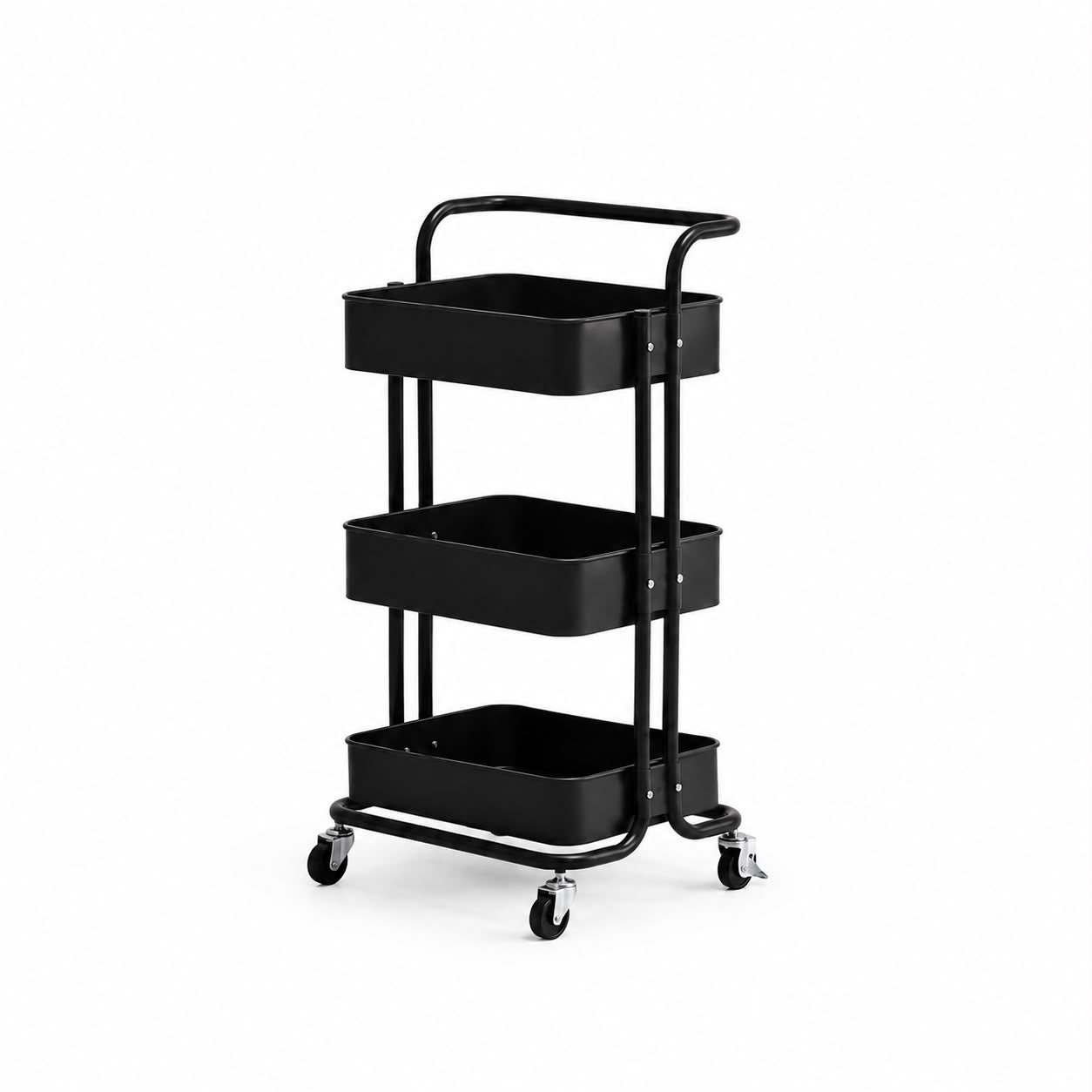 Carucior metalic si statie mobila de lucru tip ucenic negru cu 3 rafturi adanci si roti pivotante pentru cabinet cosmetic sau salon.