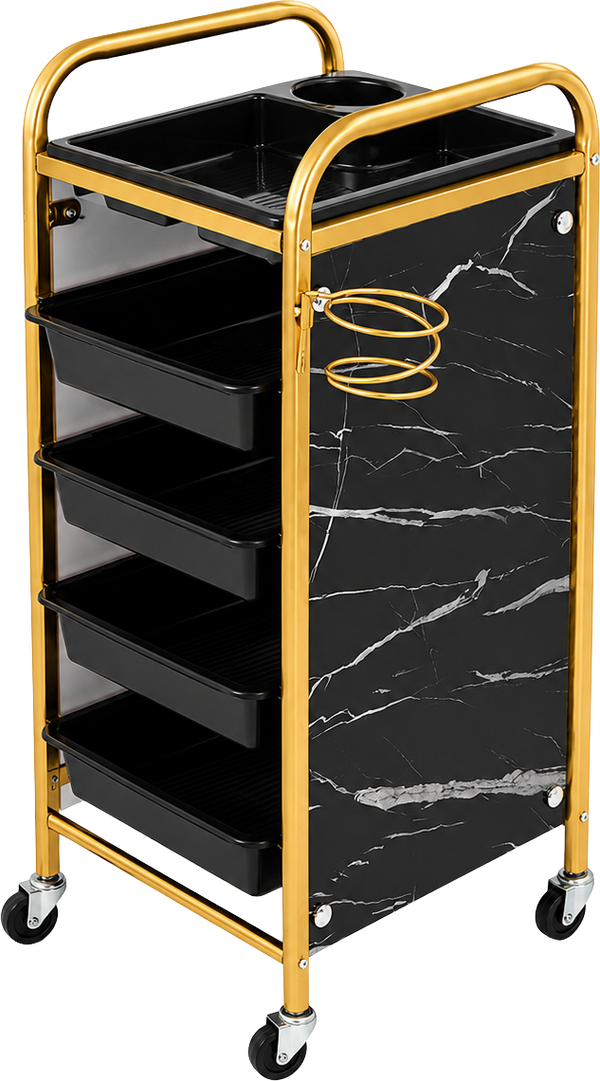 Ucenic / Carucior Coafor Profesional Marble Gold – 4 Sertare, Suport Foehn, Mobil, 80 cm, Negru