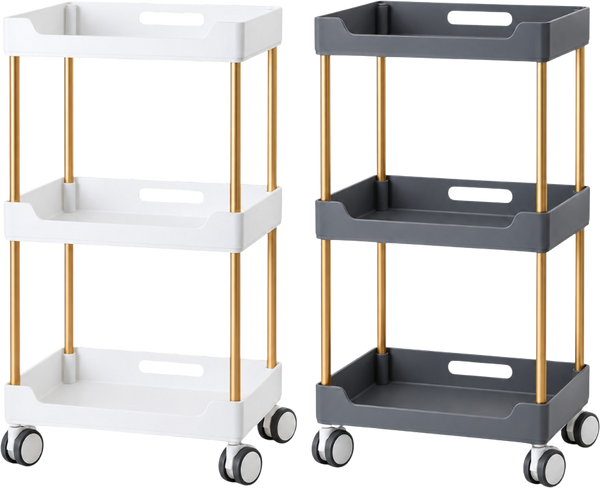 Ucenic / Carucior Salon Modern – 3 Rafturi Spatioase, Baza pe Roti, 86 cm, Alb / Gri cu Auriu