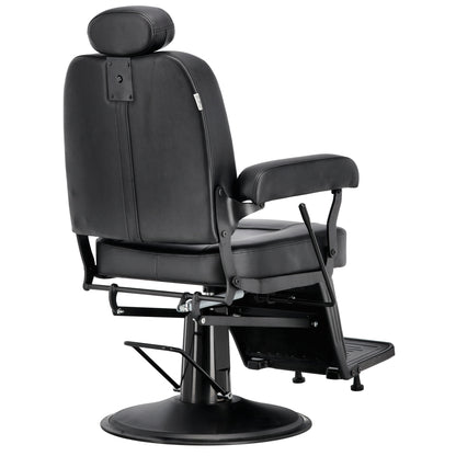Scaun barber profesional Nestor vedere din spate cu tetiera si tapiterie premium neagra