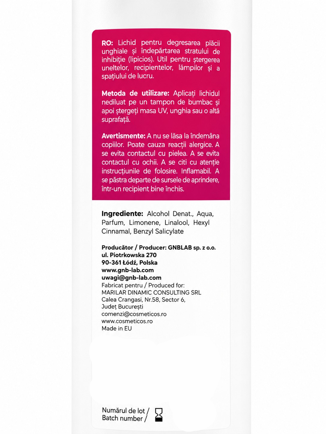 Etichetă cleaner profesional pentru unghii cu ingrediente și detalii produs