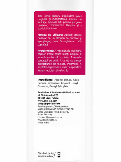 Etichetă cleaner profesional pentru unghii cu ingrediente și detalii produs