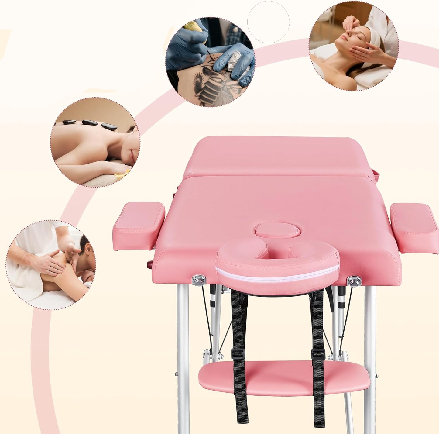 Infografic care prezinta patul roz vazut de sus si trei cercuri mici ce evidentiaza textura pielii si cusaturile tetierei.