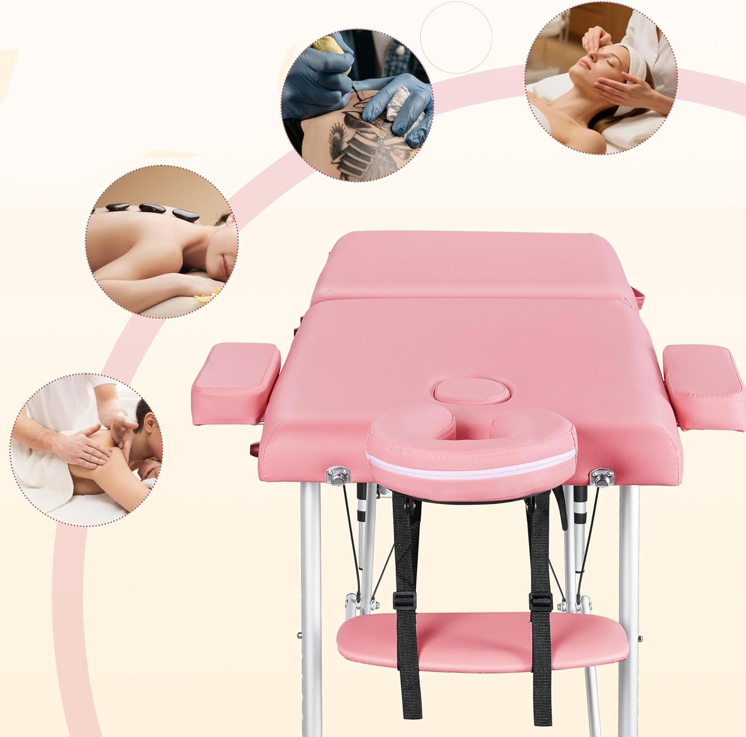 Infografic care prezinta patul roz vazut de sus si trei cercuri mici ce evidentiaza textura pielii si cusaturile tetierei.