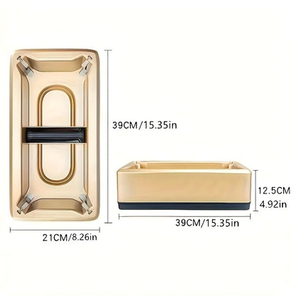 Infografic tehnic ce prezinta dimensiunile dispenserului auriu: lungime de 39 cm, latime de 21 cm si inaltime de 9.5 cm.