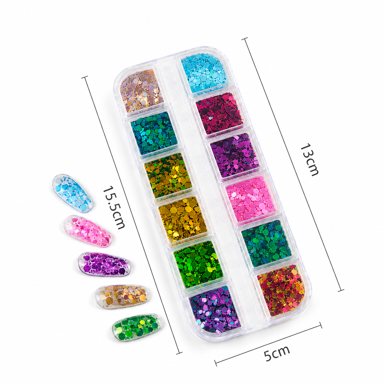 Grafic tehnic ce prezinta cotele casetei de decor unghii, indicand o lungime de 13 cm, o latime de 5 cm si dimensiunile tipsurilor cu mostre colorate de sclipici.