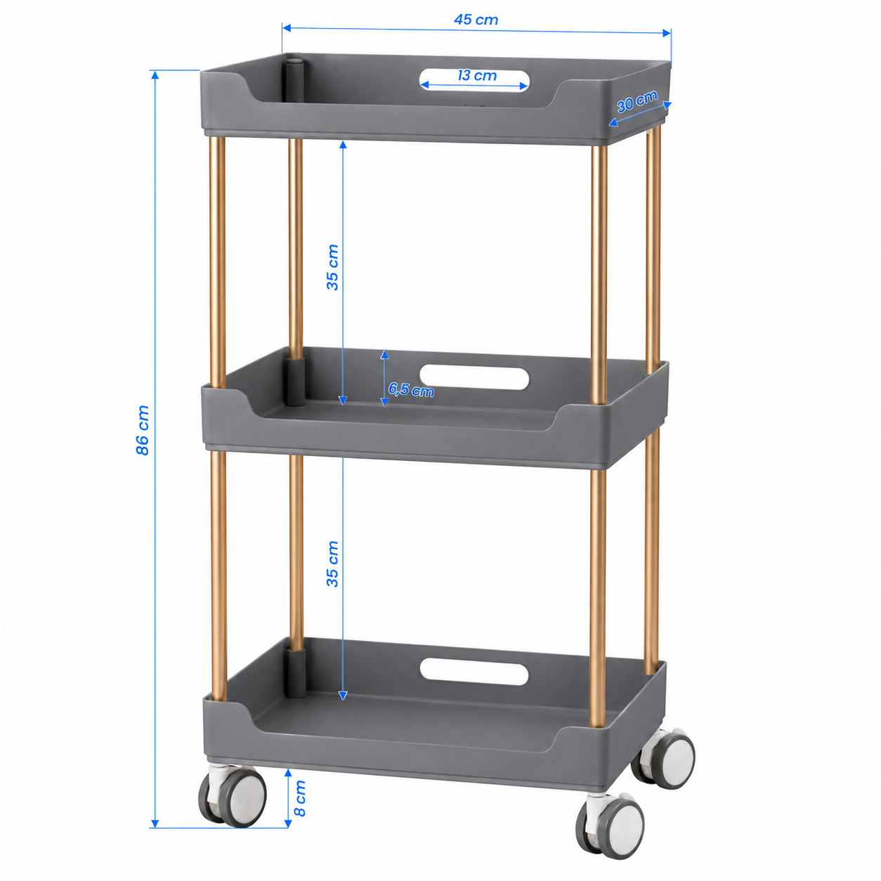 Ucenic Cosmetic Premium 3 niveluri, 45 x 30 x 86 cm | Auriu & Gri avand suprapuse cotele grafice exacte pentru inaltime, lungime si latime.