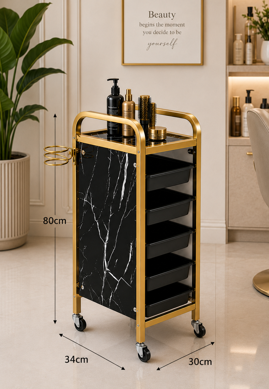 Ucenic / Carucior Coafor Profesional Marble Gold – 4 Sertare, Suport Foehn, Mobil, 80 cm, Negru