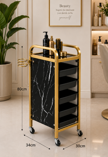 Ucenic / Carucior Coafor Profesional Marble Gold – 4 Sertare, Suport Foehn, Mobil, 80 cm, Negru