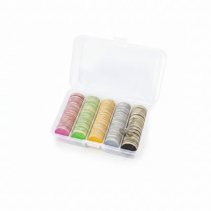 Set de rezerve abrazive autoadezive pentru pedichiura Pododisc de 25mm, cu disc metalic organizate pe 5 culori in functie de granulatie, intr-o cutie transparenta de plastic.