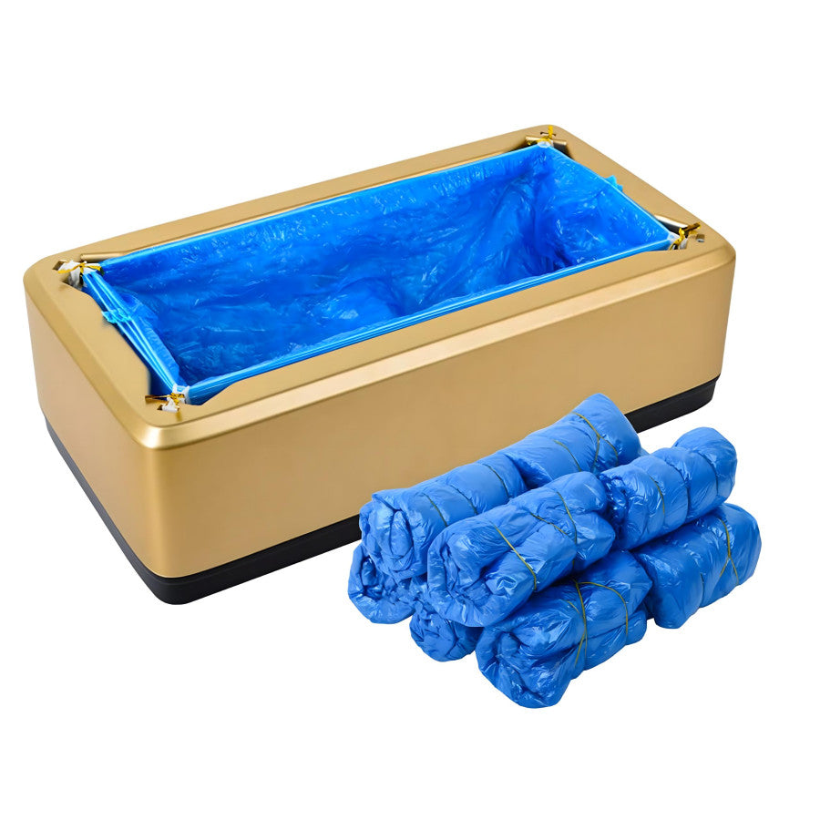 Aparat auriu incarcat cu folie de protectie albastra, avand alaturi un set compact de botosei de unica folosinta rulati.